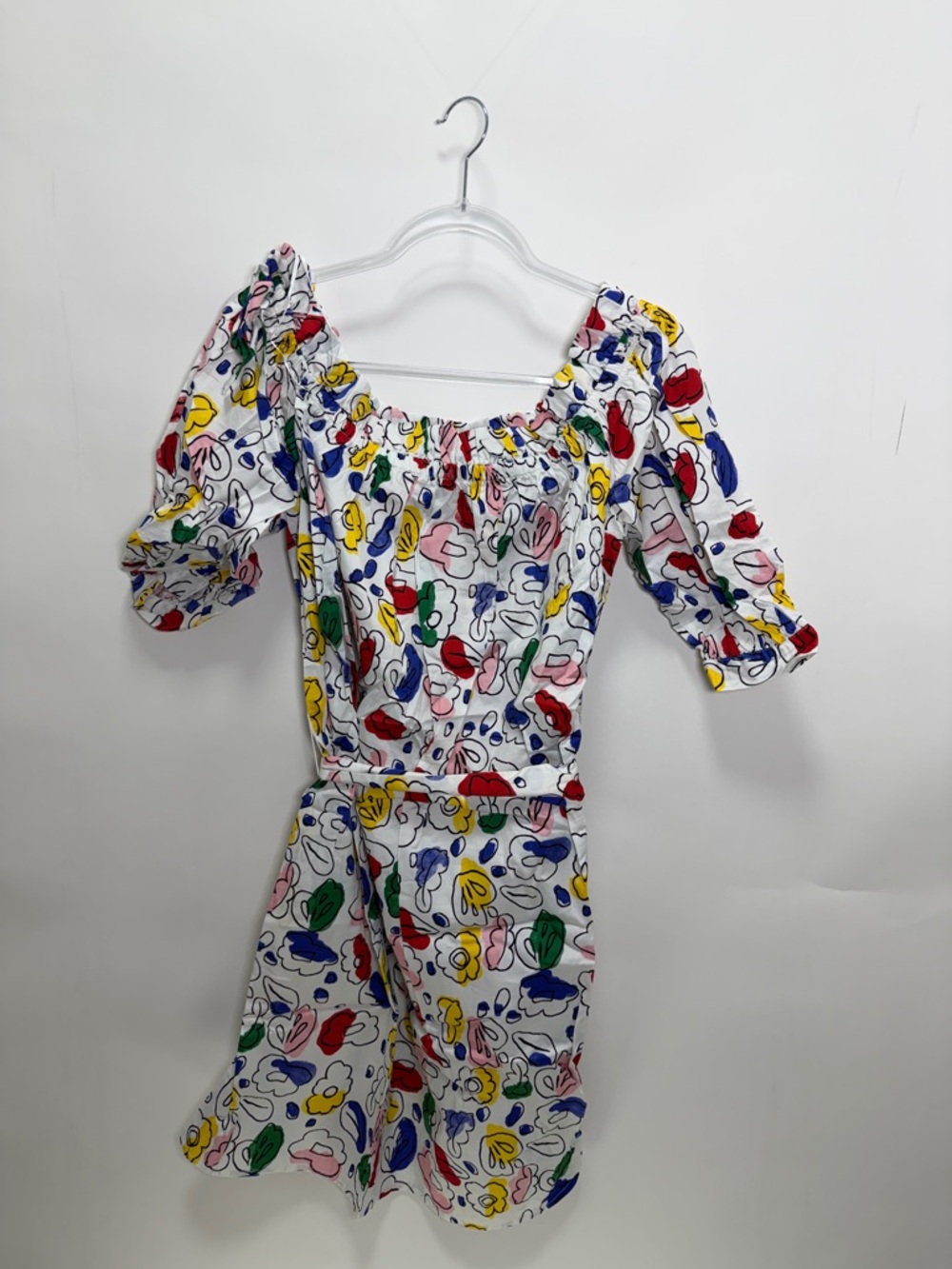 White Floral Multicolor Puff Sleeve Dress